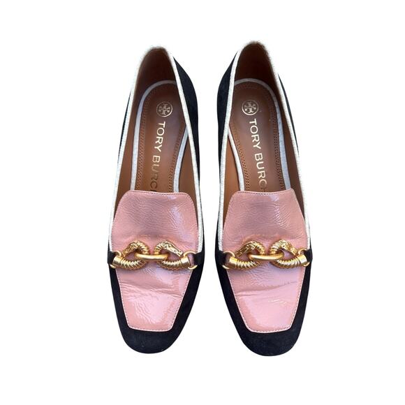 Tory Burch Chain Loafers Size 8.5 Pink Black Leather Block Heel - Picture 1 of 6